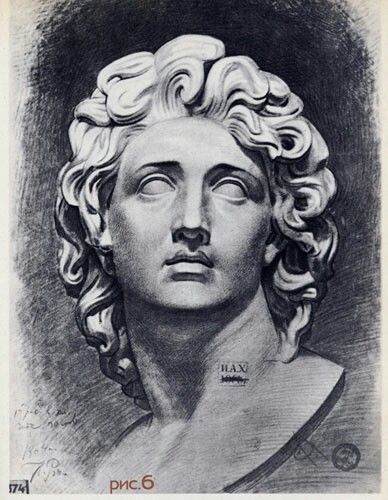 an old black and white drawing of a woman's head with curls on her hair