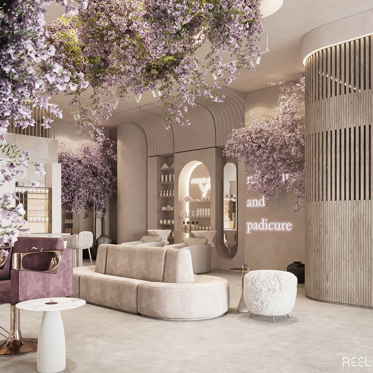 the interior of a hair salon with purple flowers on the ceiling and furniture in the background