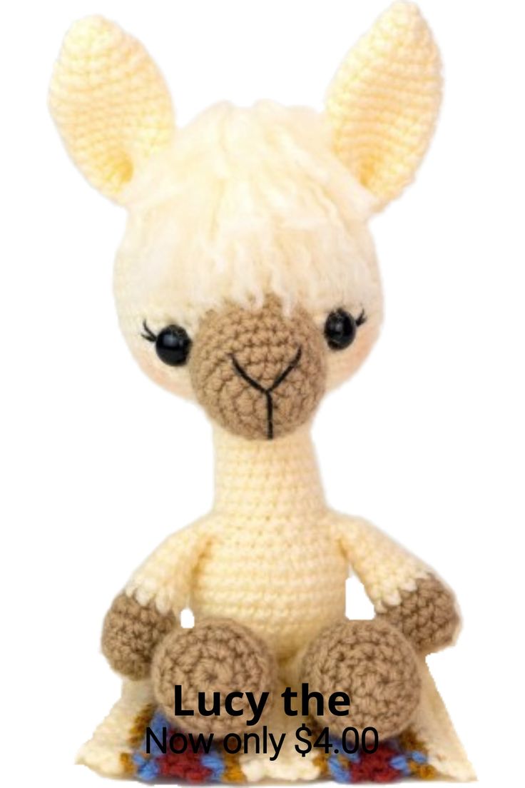 a crocheted llama stuffed animal sitting on top of a white background with the words lucy the now only $ 4 00