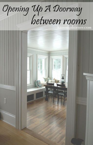 an open door leading to a living room with wood floors and white walls, along with the words opening up a doorway between rooms