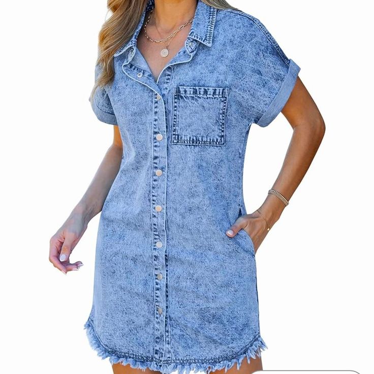 Luvamia Denim Dress, Size Large! New With Tags!!!' Raw Hem And 3 Pockets! Buttons Down And Is Easily Adjustable To Your Own Style! Made From High-Quality, Durable Denim. Wear It With A Belt And/Or Boots, Or Wear It With Sandals! Approximate Measurements Are As Follows: Bust: 38.5"-40" Waist: 30.5"-32" Hips: 41"-42.5" *Because It Is Designed To Fit Loosely, This Dress Will Fit A Large As Well As An Extra Large. Denim Dress Casual, Denim Cardigan, Female Office, Cardigan Design, Jean Shirt, Summer Denim, Ladies Clothes, Cowboy Style, Short Sleeve Cardigan