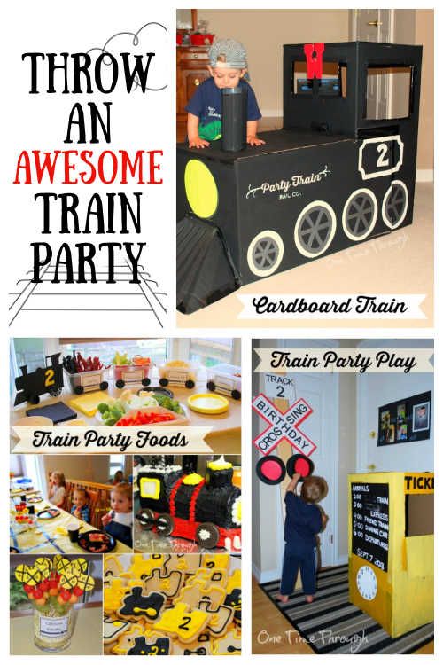 there is a collage of photos with different things in it and the words throw an awesome train party