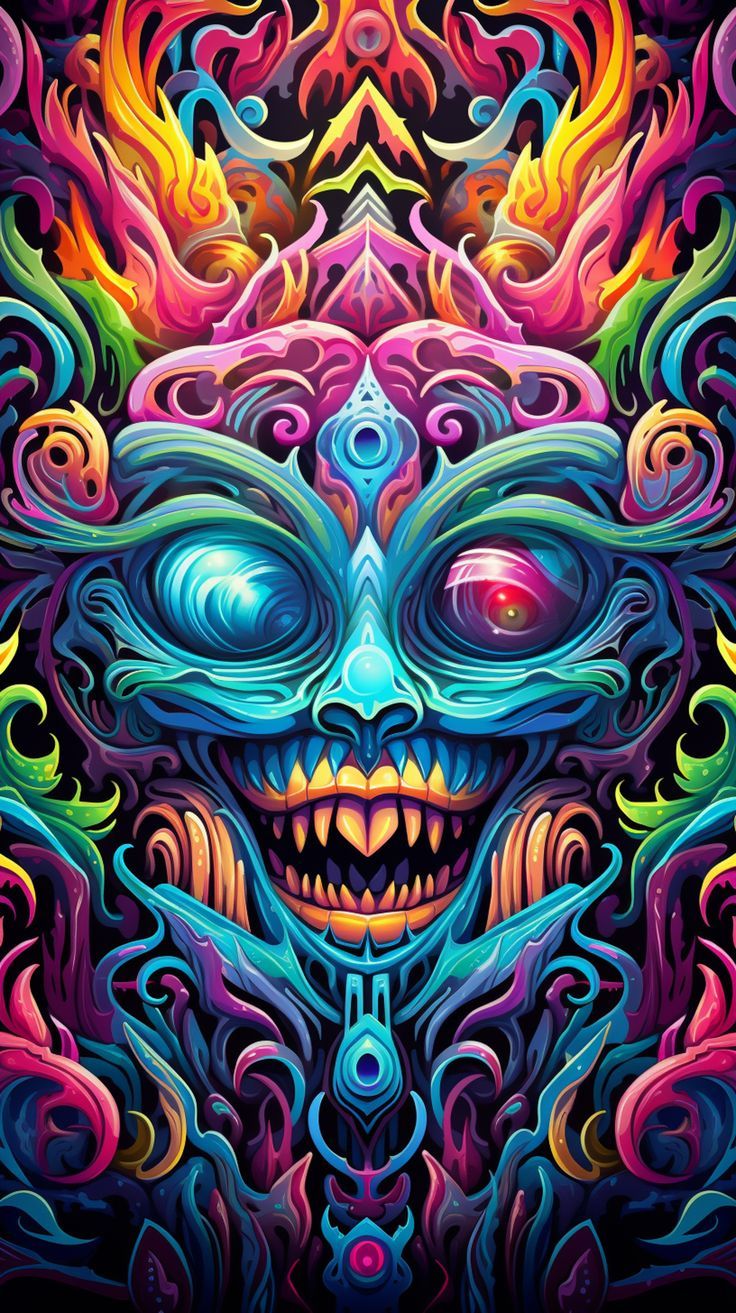 an image of a demonic face with many colors and patterns on the body, as well as