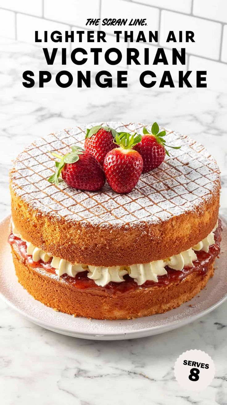 a cake with strawberries on top and the words lighter than air victorian sponge cake