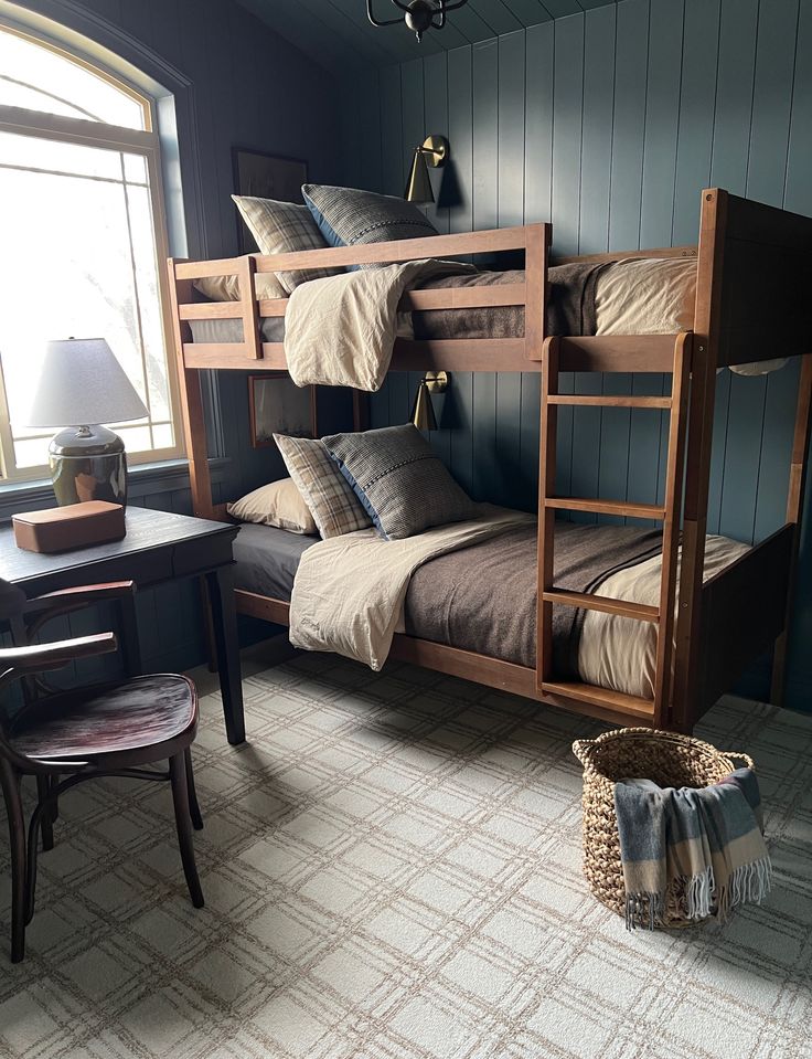 a bunk bed in a room with blue walls and wooden furniture, along with a desk and chair