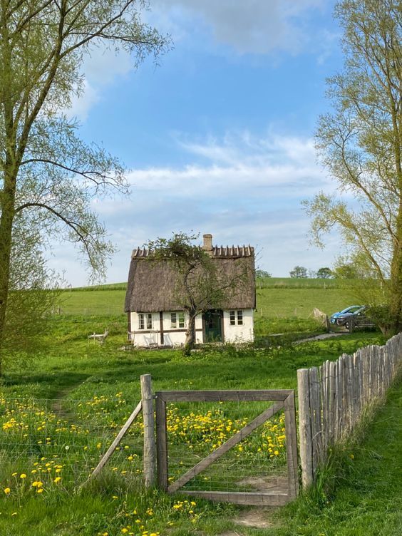 a small white house with a thatched roof in the middle of a green field