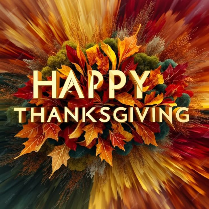 the words happy thanksgiving are surrounded by colorful leaves and fall foliages in this artistic photo