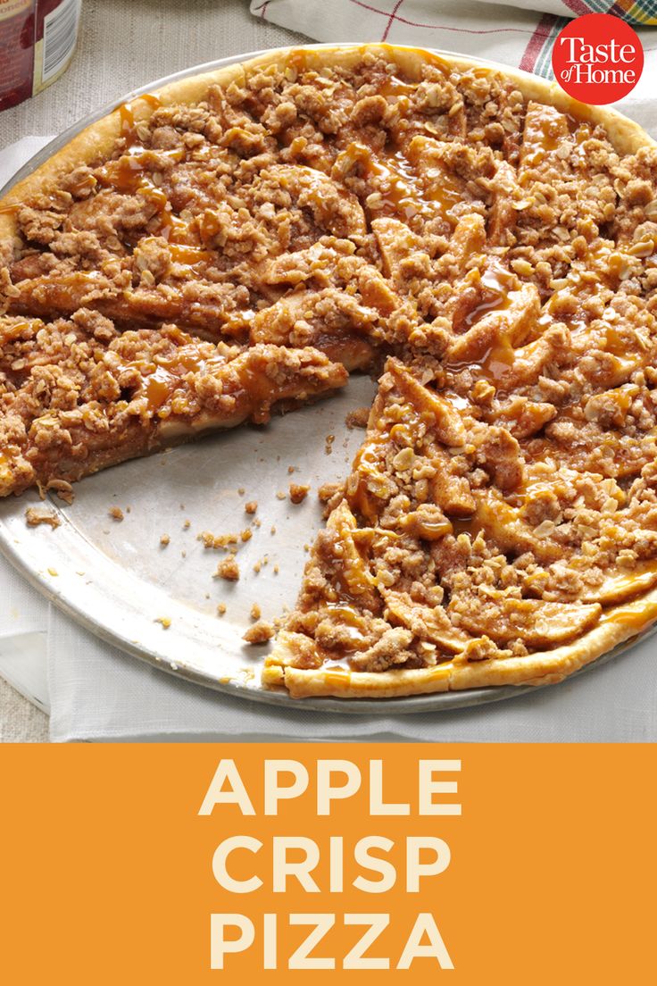 an apple crisp pizza on a white plate