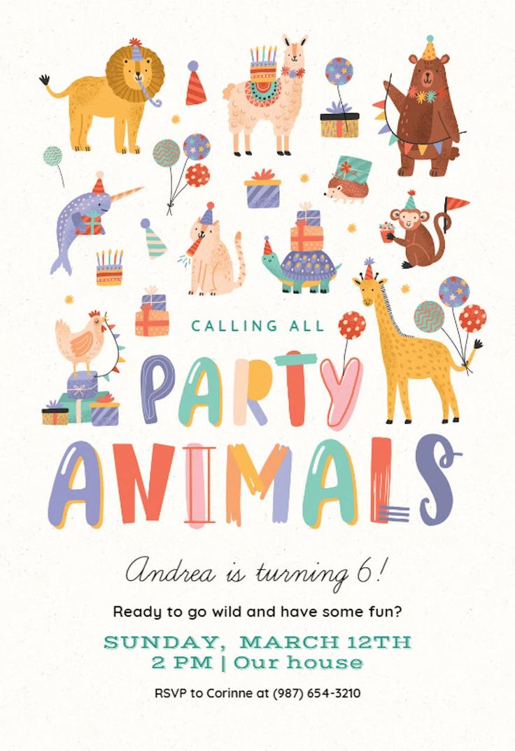 an animal themed birthday party is in the middle of this card, which features animals and balloons