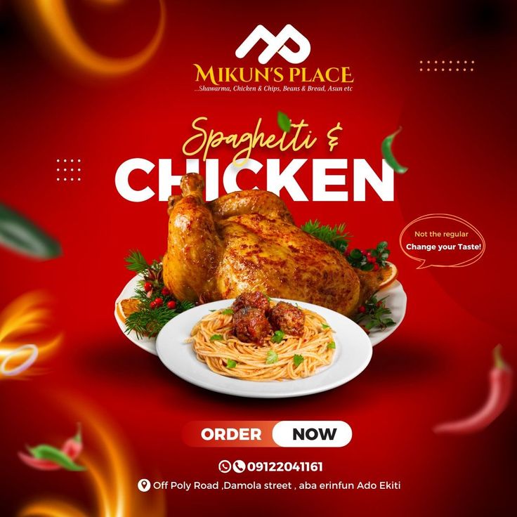 an ad for michel's place with chicken and spaghetti on the plate in front of it