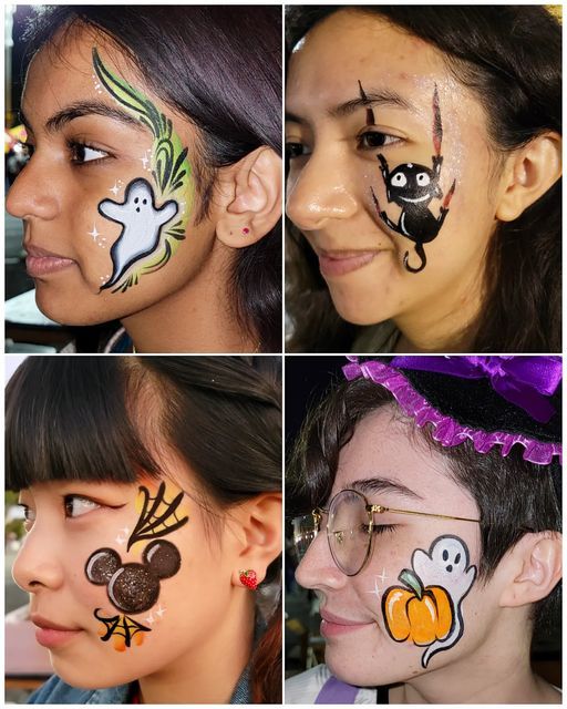 Face Art Halloween, Halloween Face Painting Simple, Fun Halloween Face Makeup, Face Paint Simple Ideas, Easy Quick Face Paint Ideas, Ghost Face Face Paint, Simple Halloween Makeup For Kids, Small Face Paint Designs, Simple Halloween Face Paint Ideas