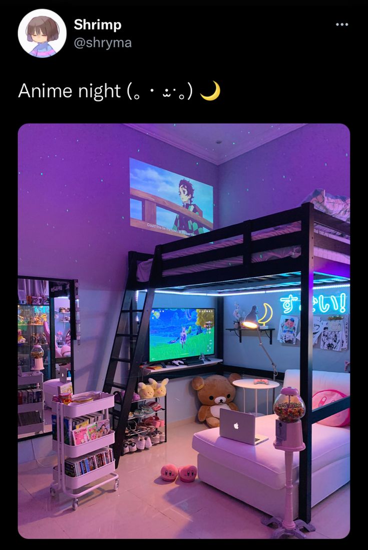 a bunk bed with a desk underneath it in a room that has purple walls and flooring