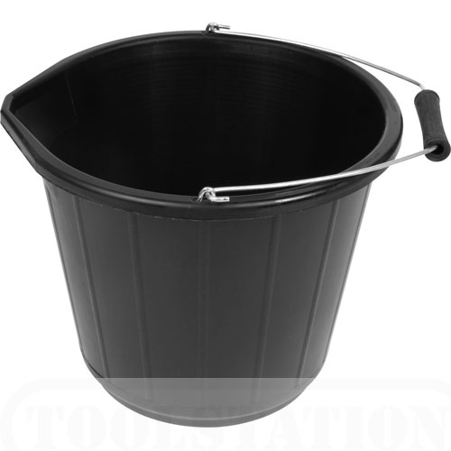 a black plastic bucket with metal handles