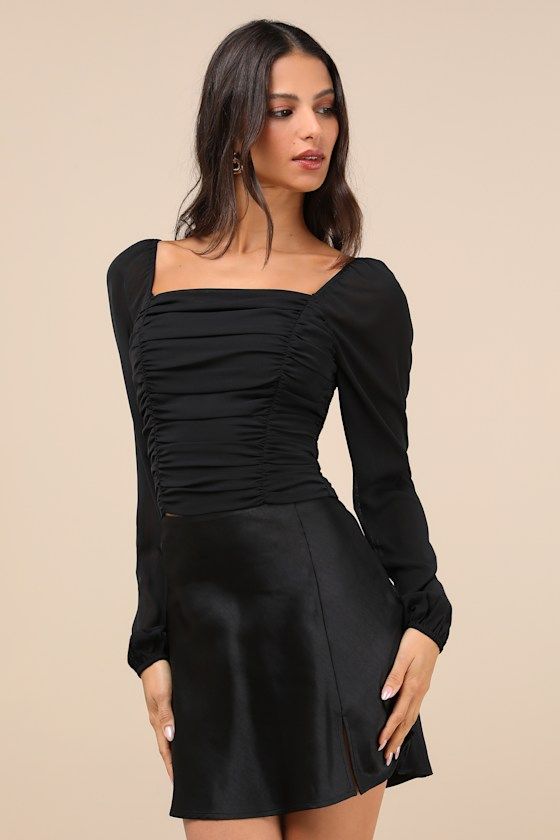 The Lulus Mood Setter Black Ruched Long Sleeve Top is ready to set the vibe for the night! Lightweight woven fabric shapes this top that has a square neckline and long balloon sleeves with elastic at the shoulders and cuffs. The ruched bodice ends at a slightly cropped hem. Smocking at back for fit. Fit: This garment fits true to size. Length: Size medium measures 17" from shoulder to hem. Bust: Great for any cup size. Waist: Fitted - elastic waist allows stretch. Undergarments: May be worn with Ruched Long Sleeve Top, Long Balloons, Ruched Bodice, Satin Skirt, The Vibe, Work Clothes, Tops Fall, Black Bottoms, Engagement Photoshoot