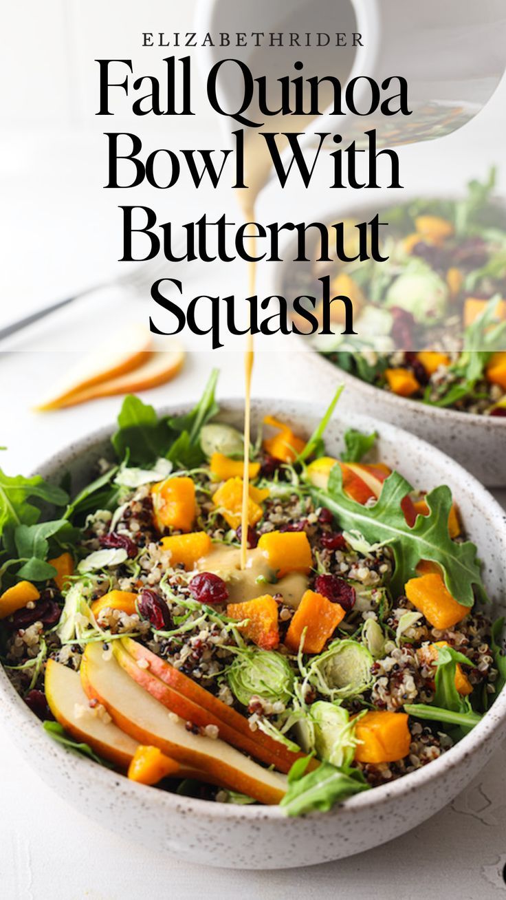 a bowl filled with salad and dressing being drizzled on top of it