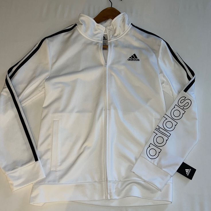 Brand New Never Worn Perfect Condition 14/16 But Fits Like Woman’s S/M Sporty White Outerwear For Fall, Sporty White Fall Outerwear, White Casual Track Jacket With Ribbed Cuffs, Casual White Track Jacket With Ribbed Cuffs, White Outerwear With Ribbed Cuffs For Fall, Adidas White Track Jacket For Winter, White Casual Track Jacket For Fall, White Outerwear For Fall Sports, White Ribbed Cuffs Fall Outerwear