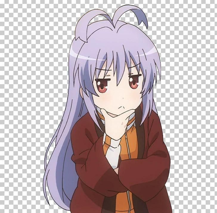 an anime character with purple hair and long blue hair, wearing a red jacket transparent background