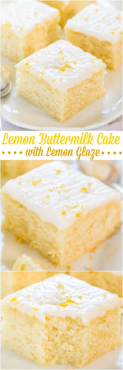 lemon cake with lemon glaze is on a white plate and has the words lemon buttermilk cake over it