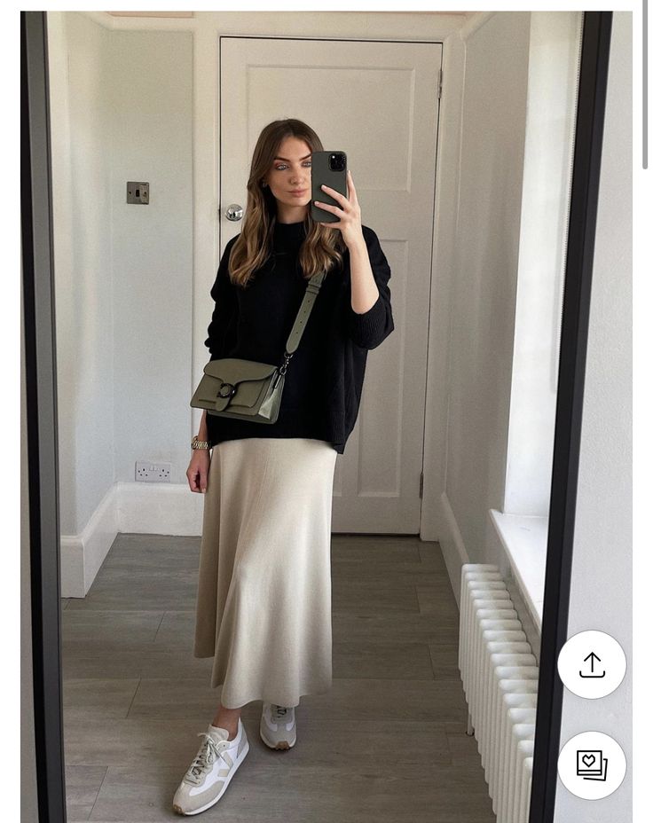 Cream Silk Skirt Outfit Winter, Aritzia Midi Skirt, Satin Skirt Sweatshirt, Taupe Satin Skirt Outfit, Padded Top Outfit, Aw23 Fashion Trends Women, Knit Maxi Skirt Outfit Winter, Soft Chic Style, Satin Beige Skirt Outfit