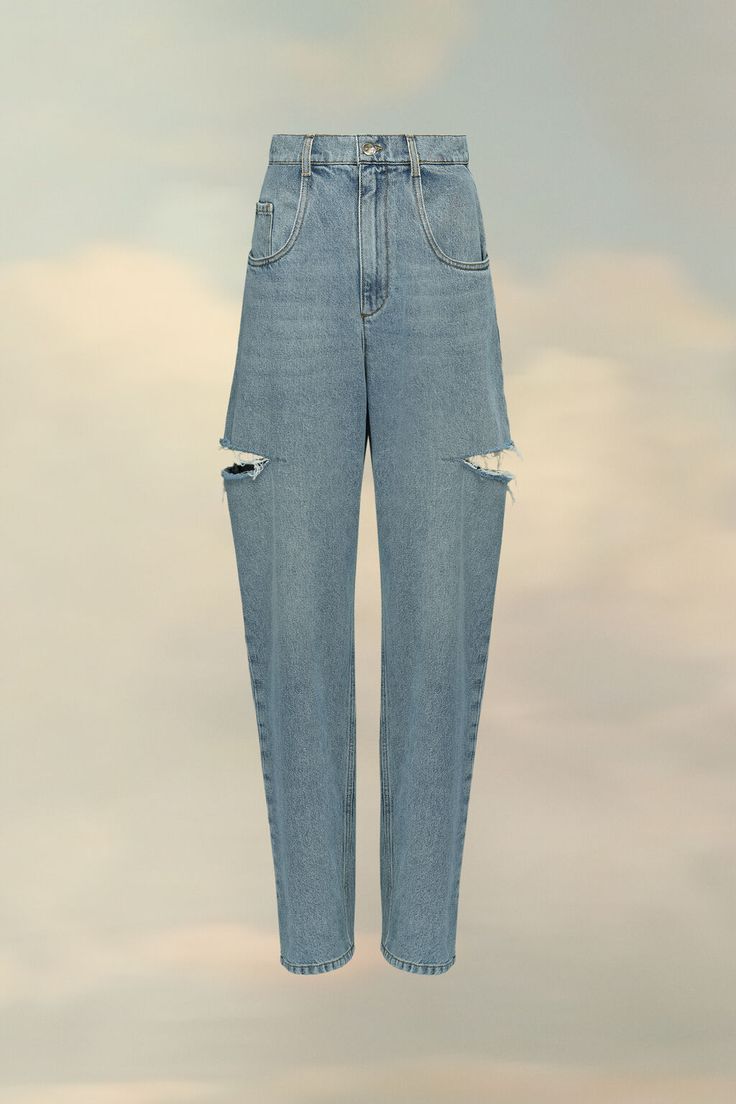 Denim Jeans With Slash Details For Women | Maison Margiela Ripped Denim Blue Cropped Jeans, Dark Wash Ripped Straight Leg Cargo Jeans, Ripped Dark Wash Straight Leg Cargo Jeans, Ripped Cropped Jeans In Denim Blue, Ripped Straight Leg Dark Wash Cargo Jeans, Ripped Denim Blue Cropped Jeans In Rigid Denim, Deconstructed Straight Leg Denim Bottoms, Spring Straight Leg Deconstructed Jeans, Ripped Jeans In Recycled Denim