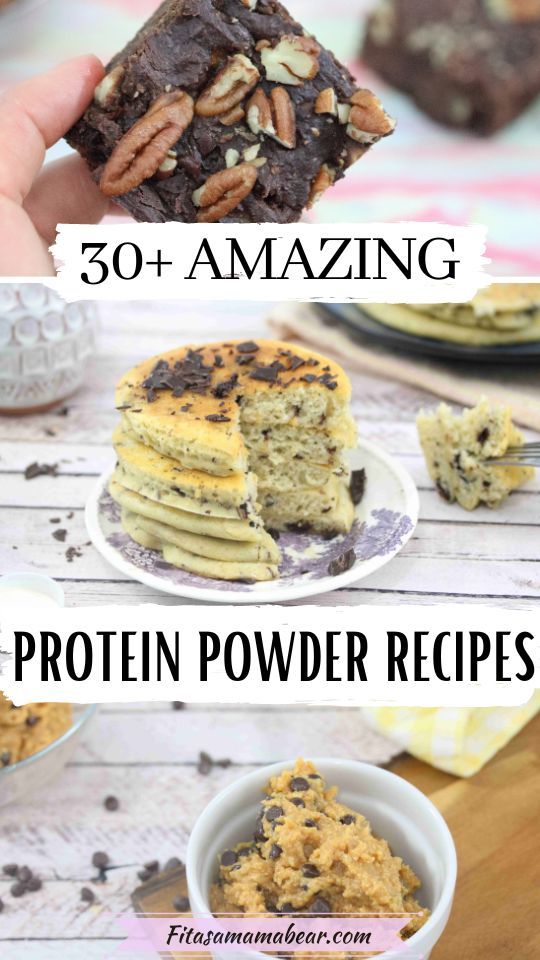 chocolate chip cookie bars are stacked on top of each other with the words, 30 amazing protein powdered recipes