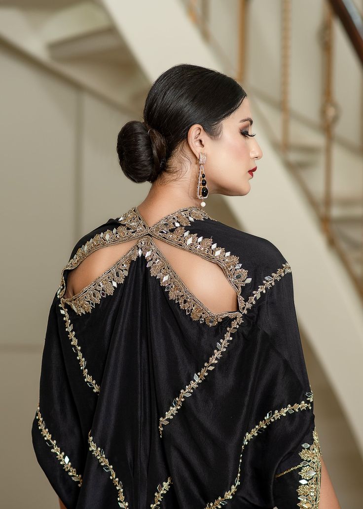 Black Rawsilk Kaftan – PURPLE HAZE PRET STUDIO Unstitched Bollywood Style Raw Silk Kaftan, Silk Kaftan With Resham Embroidery For Designer Wear, Designer Silk Kaftan With Resham Embroidery, Embellished Tops For Eid Reception, Anarkali Embroidered Blouse Piece For Evening, Evening Gown With Resham Embroidery In Traditional Drape, Silk Kaftan With Zari Work For Designer Wear, Designer Wear Long Sleeve Kaftan In Raw Silk, Designer Anarkali Kaftan In Raw Silk