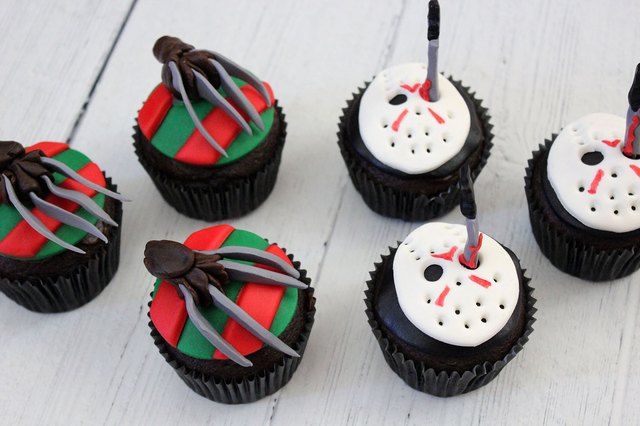 six cupcakes decorated to look like friday the 13th