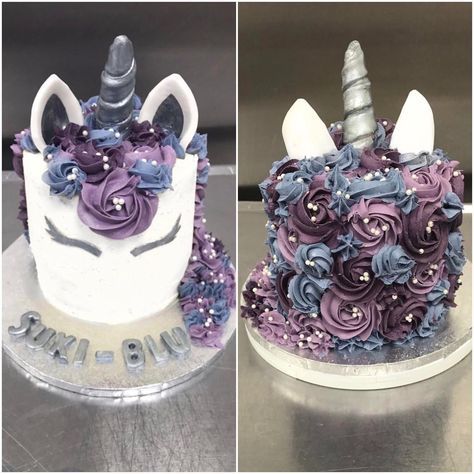 two cakes decorated to look like unicorns with purple flowers and silver horns on them