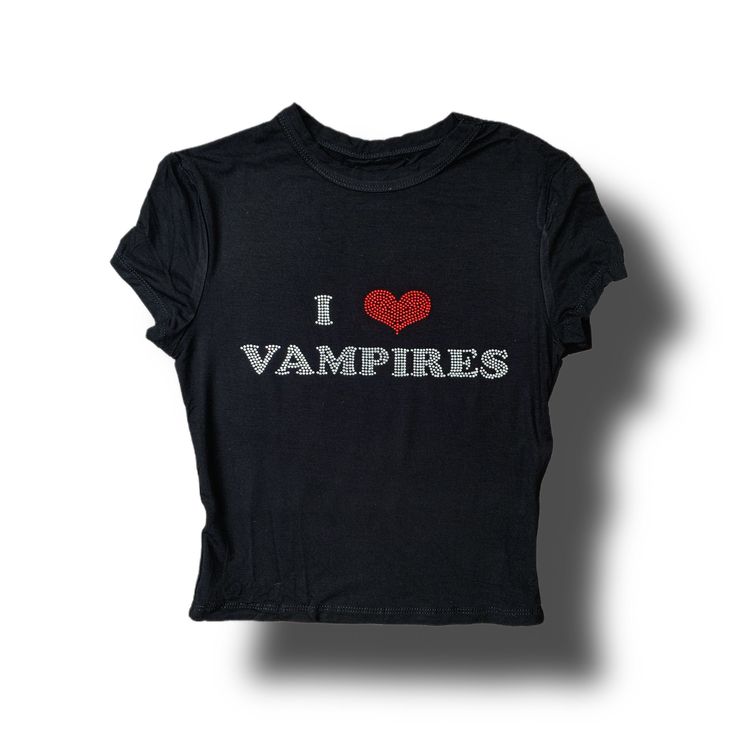 Black semi-cropped Baby Tee with, "I ❤️ Vampires" in RHINESTONES. MY ORIGINAL DESIGN.  94% Viscose, 6% Elastane. Slight stretch.  Please hand-wash this item or machine wash cold INSIDE OUT and let AIR DRY. The Christmas delivery cutoff date was Nov. 28th, after that I cannot guarantee arrival by Christmas. I Heart Vampires, Sable Ward, Y2k Outfit Ideas, Emo Girl, Master List, Plaid Shirts, Y2k Summer, Shirt Y2k, Emo Girls