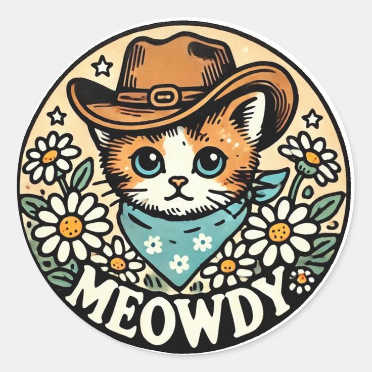 a round sticker with a cat wearing a cowboy hat