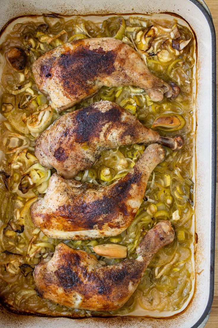 chicken with green beans and onions in a casserole dish