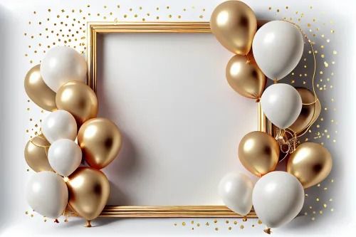 gold and white balloons are arranged around an empty photo frame on a white background with confetti