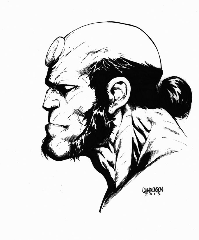 a black and white drawing of a man's head with a balding beard