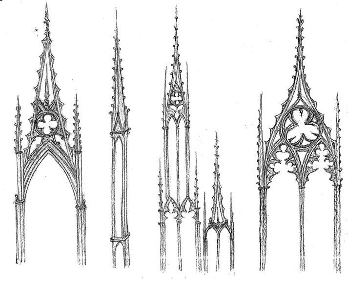 architectural drawings of gothic architecture from the late 19th century to early 20th century, including spires and windows