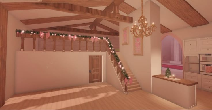 the room is decorated for christmas with lights and garlands on the ceiling, along with a chandelier