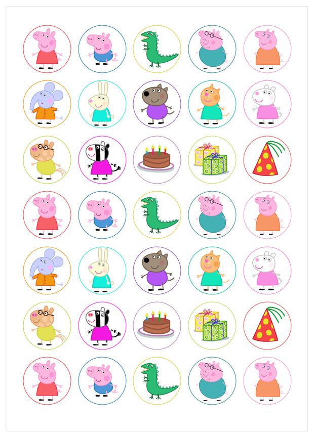 pepo and friends birthday cupcake toppers with different characters on them, all in pink