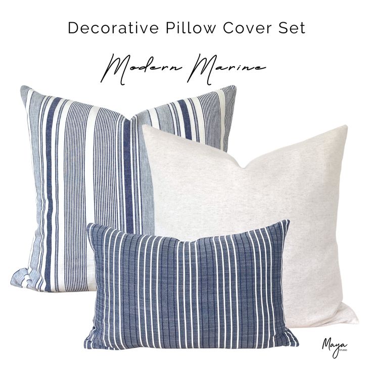 decorative pillow cover set made in marine blue and white striped linens with text overlay