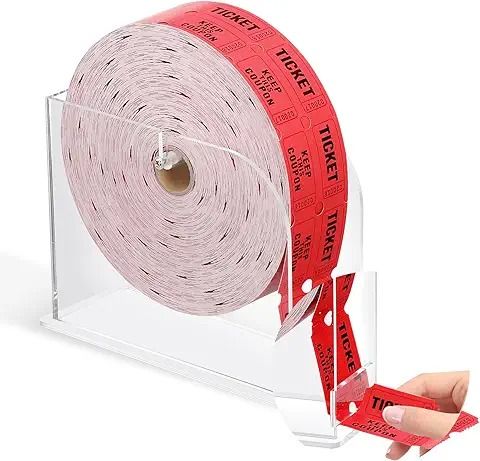 a hand holding a roll of red tape in front of a clear acrylic holder