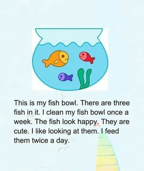 an image of a fish bowl with the caption'this is my fish bowl there are three fish in it i clean my fish bowl