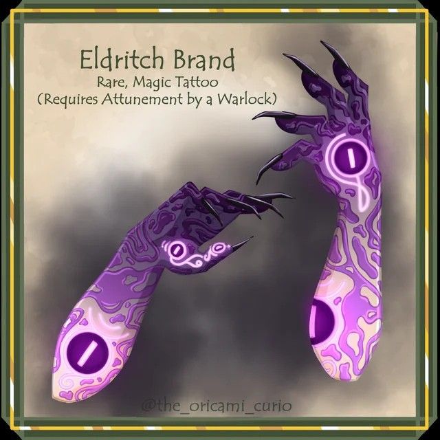 an image of two purple fish in the air with caption below that reads eldritch brand rare, magic tattoo creatures attucent by a warick