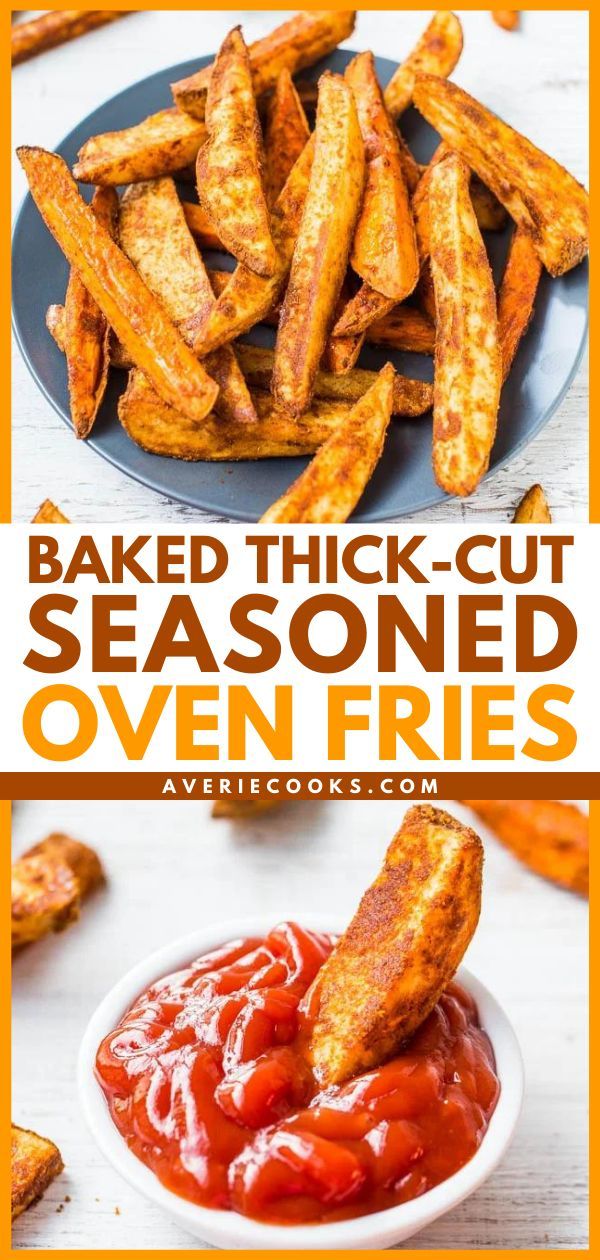 Baked Thick-Cut Seasoned Oven Fries, snack ideas, potato side dishes Homemade Fries In Oven, Seasoned Fries Recipe, Fries Oven, Homemade Snacks Recipes, Oven Baked Fries, Oven Fries, Best Potato Recipes, Potato Side Dish, Seasoned Fries