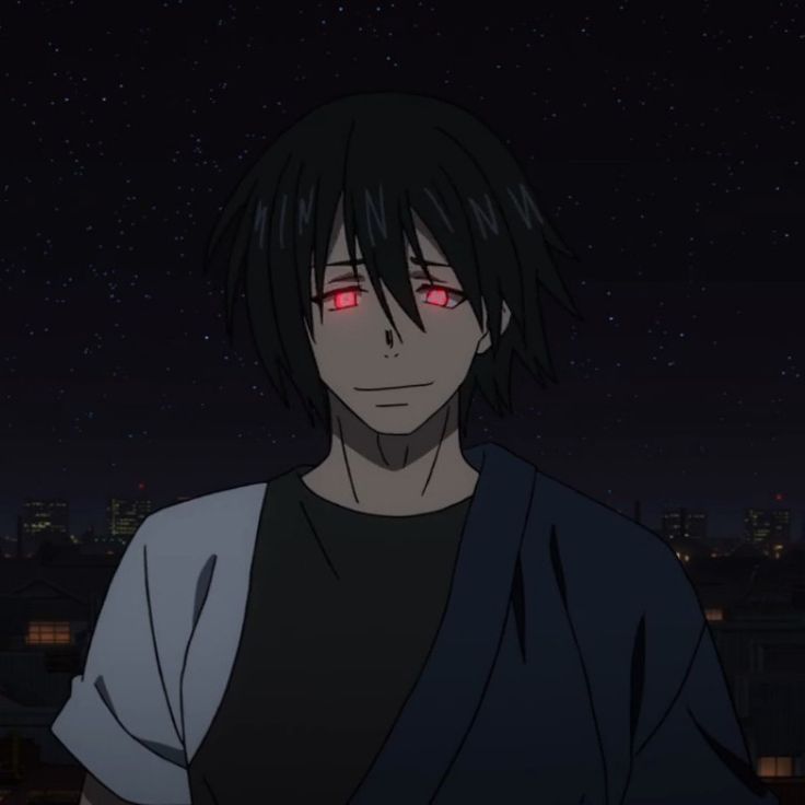 an anime character with red eyes staring at the camera in front of a night sky