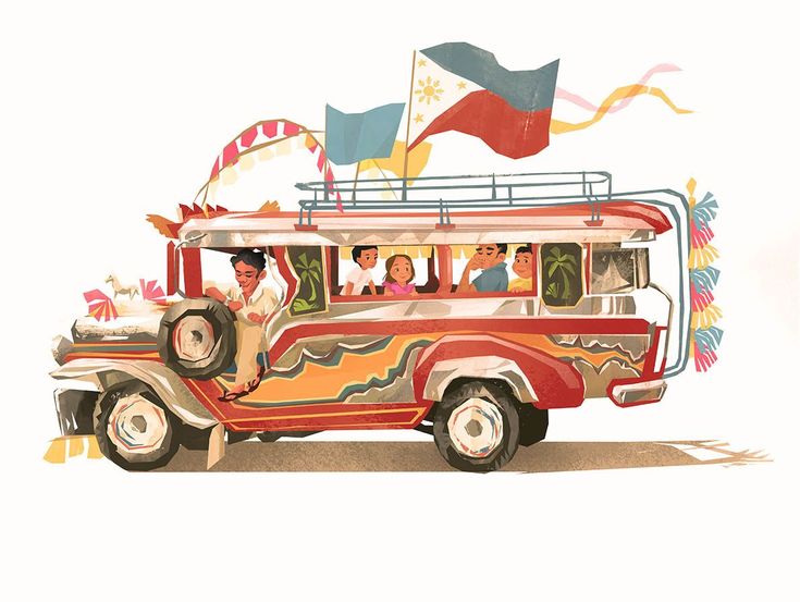 an old bus with people riding on the side and flags flying in the air behind it