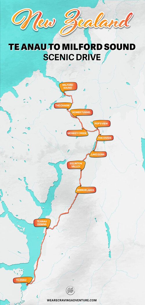 a map showing the route for new zealand to mullifod sound scenic drive