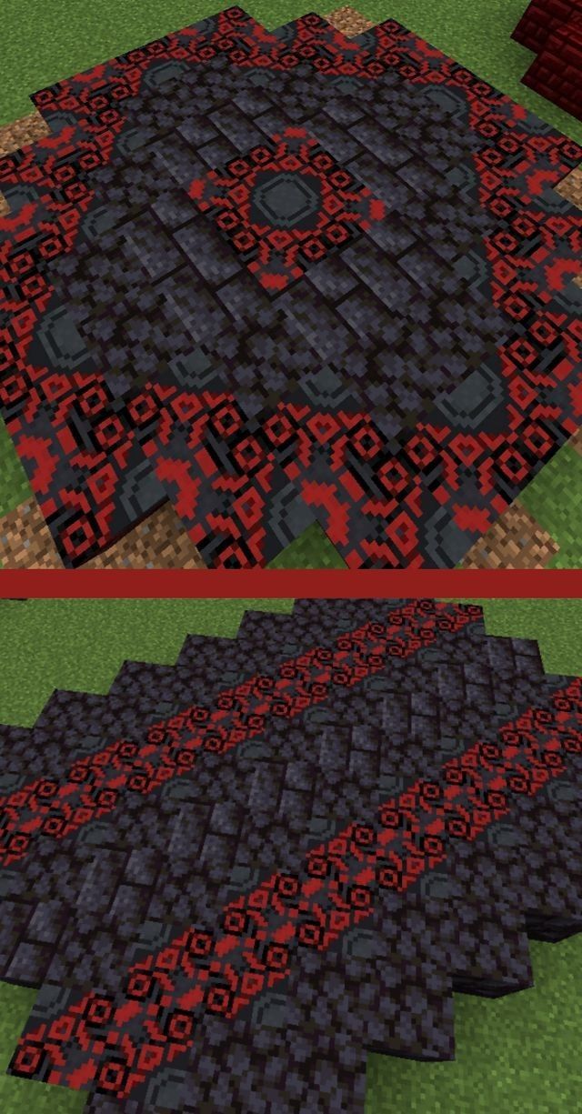 two different views of the same area with red and black designs on it, one is in