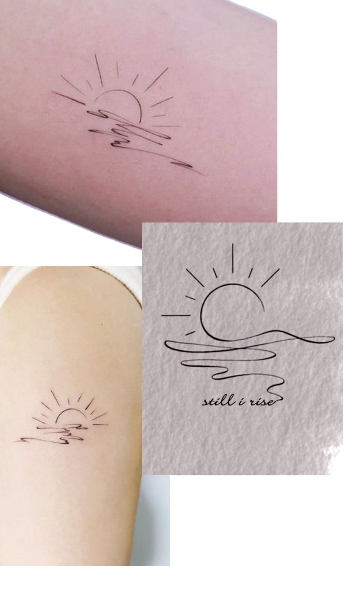 three different tattoos on the back of women's arms, one with sun and clouds