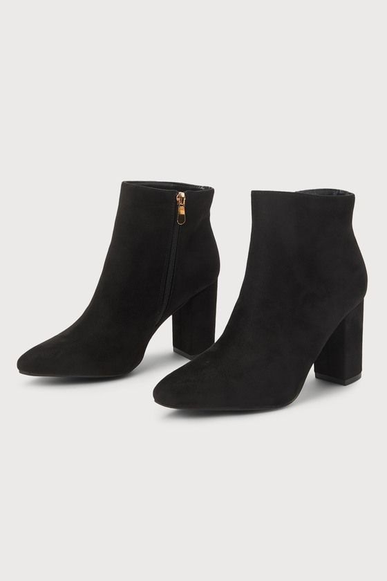 The sound of the Lulus Ottava Black Suede High Heel Booties strutting down the street is music to our ears! Soft faux suede covers the pointed toe upper and ankle-high shaft. 5.5"" zipper at instep with gold pull. 3. 5" wrapped block heel. Lightly cushioned insole. Felted rubber sole has nonskid markings. Man Made Materials. Imported. Lulus | Ottava Black Suede High Heel Booties. Suede High Heels, Black Suede Booties, Suede Booties, The Sound, Ankle Booties, High Boots, Black Suede, Faux Suede, High Heel