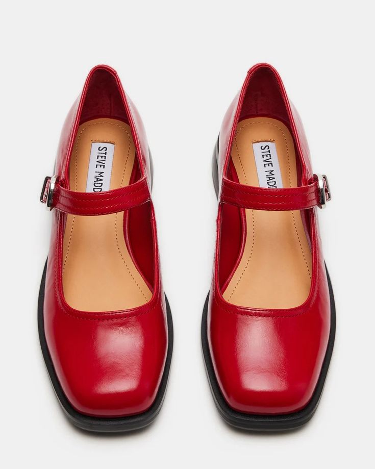 DELANCY Red Leather Mary Jane | Women's Flats – Steve Madden Red Flats Outfit, Red Mary Jane Heels, Red Mary Jane Shoes, Wishlist 2024, Square Toe Shoes, Classic Style Outfits, Classy Shoes, Red Flats, Closet Goals