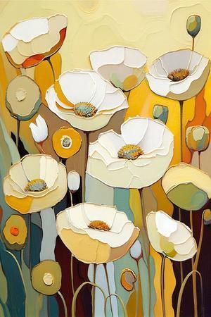 an abstract painting of white flowers on a yellow background