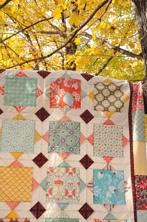 a quilt hanging from a tree in the fall